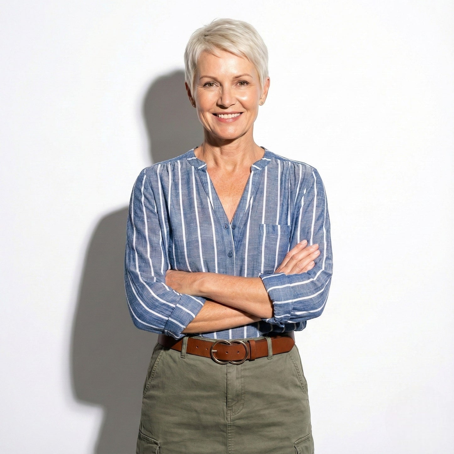Women's Henley Blouse with Stand Collar and Stripe Pattern Roll-Up Sleeves with Tab made of Lightweight Blended Fabric