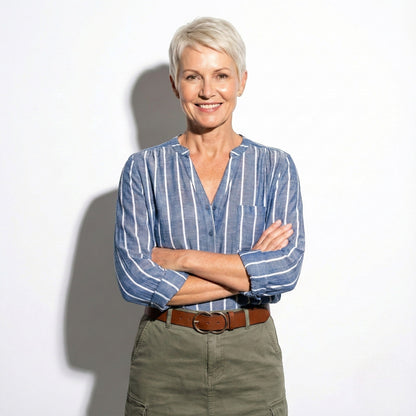 Women's Henley Blouse with Stand Collar and Stripe Pattern Roll-Up Sleeves with Tab made of Lightweight Blended Fabric