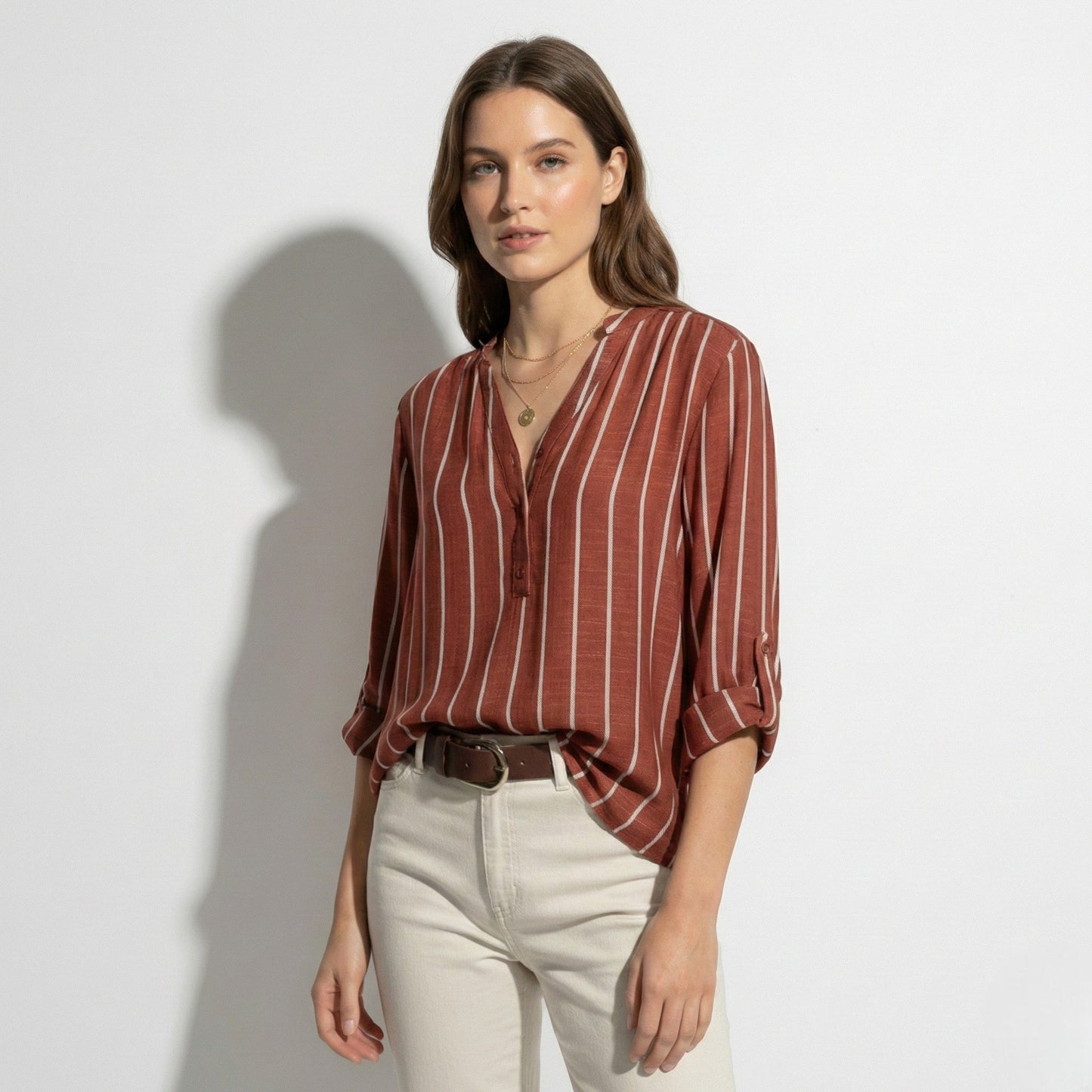 Women's Henley Blouse with Stand Collar and Stripe Pattern Roll-Up Sleeves with Tab made of Lightweight Blended Fabric