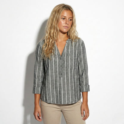 Women's Henley Blouse with Stand Collar and Stripe Pattern Roll-Up Sleeves with Tab made of Lightweight Blended Fabric