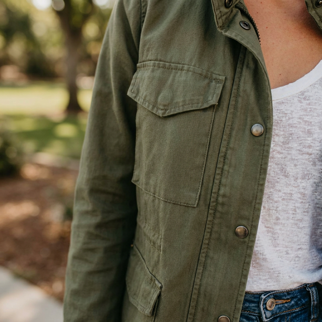 Wanderjacke Hike & Haven Damen, Detailaufnahme Knopf und Tasche