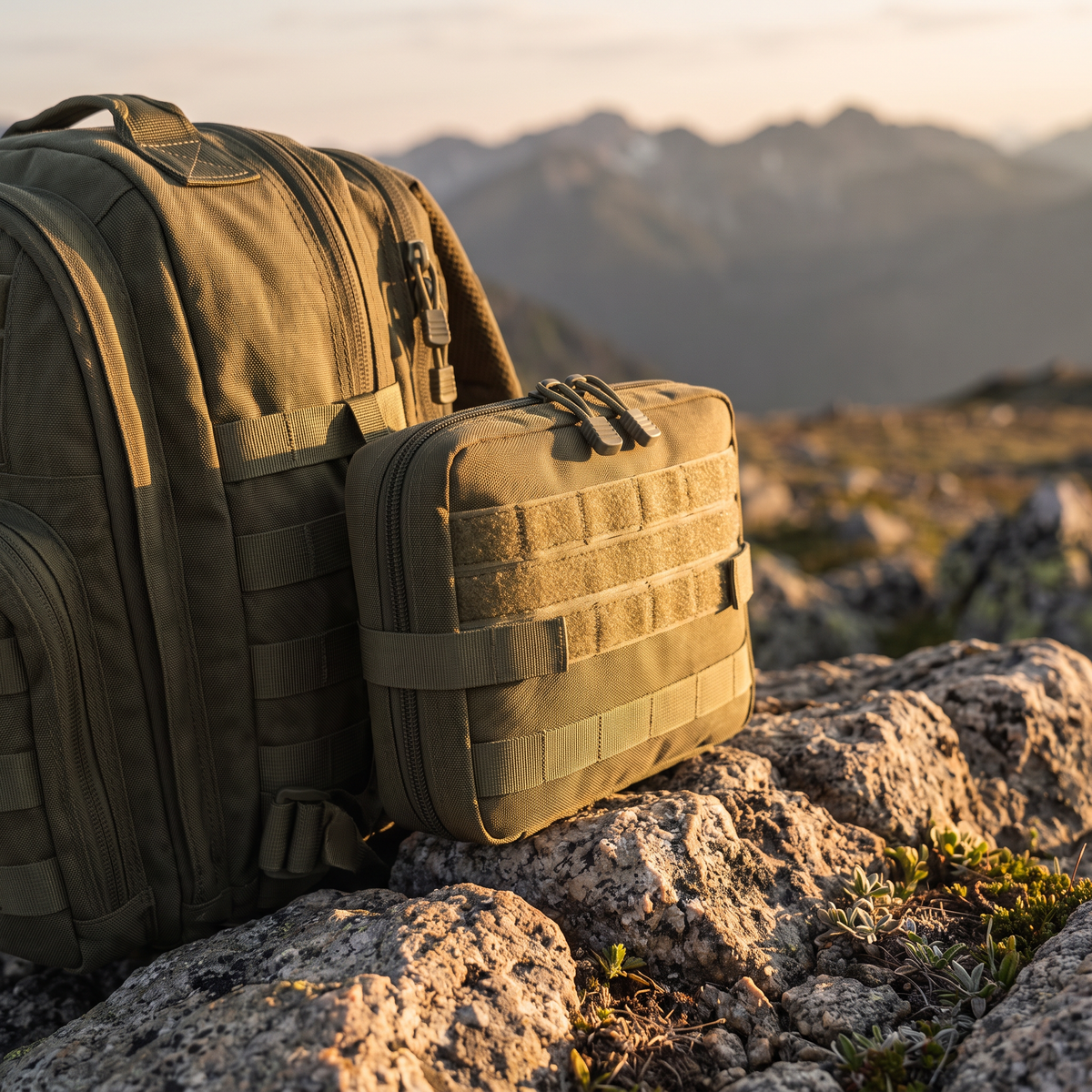 MOLLE Organizertasche am Rucksack, Trail bei Sonnenuntergang