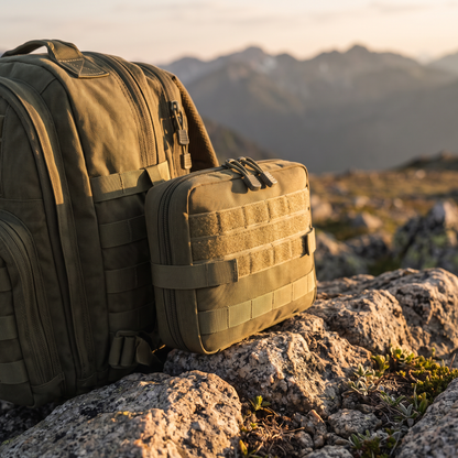 MOLLE Organizertasche am Rucksack, Trail bei Sonnenuntergang
