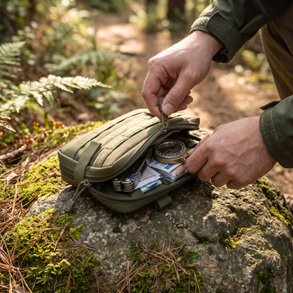 MOLLE Organizertasche wird auf dem Trail geöffnet