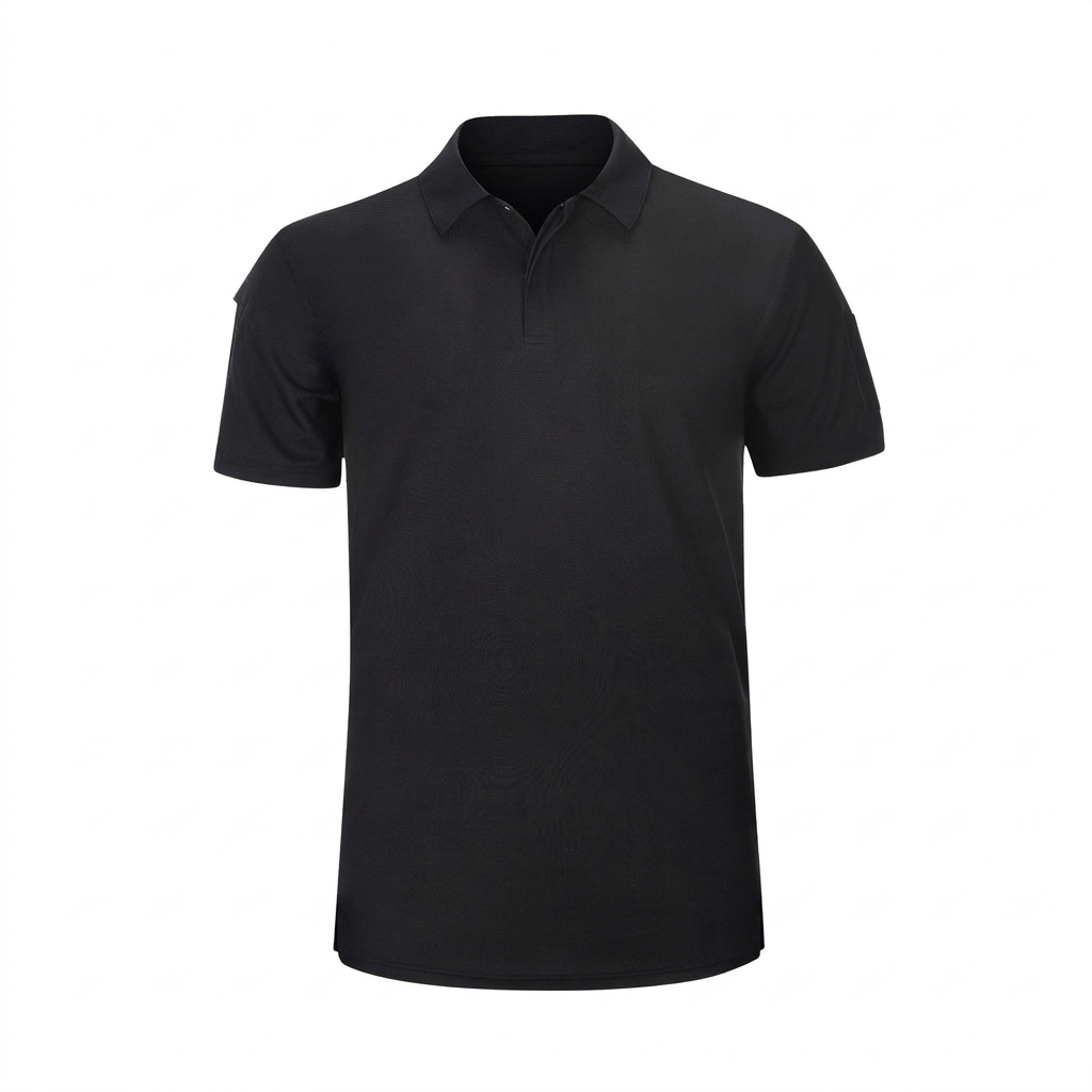 Tactical-Poloshirt Schwarz, Studiofoto vor weißem Hintergrund