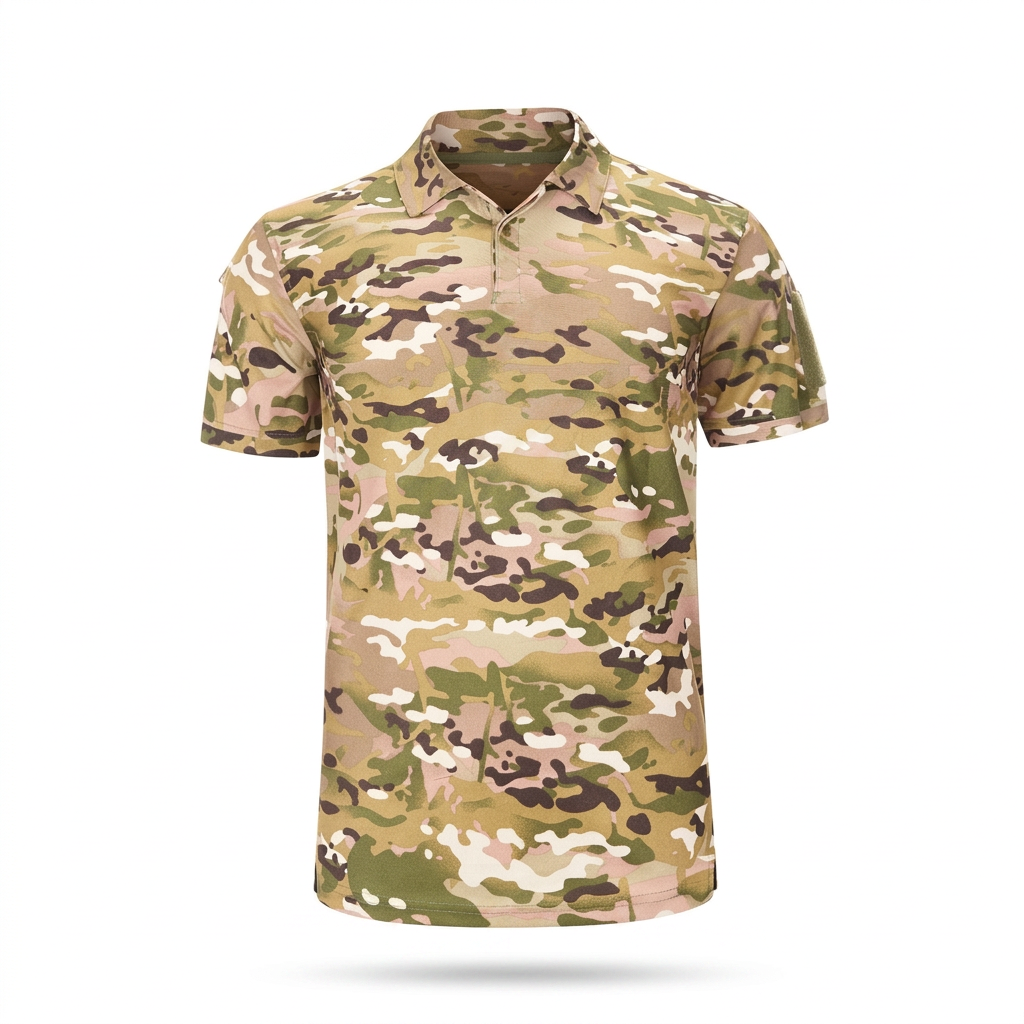 Tactical-Poloshirt CP Camouflage, Studiofoto vor weißem Hintergrund