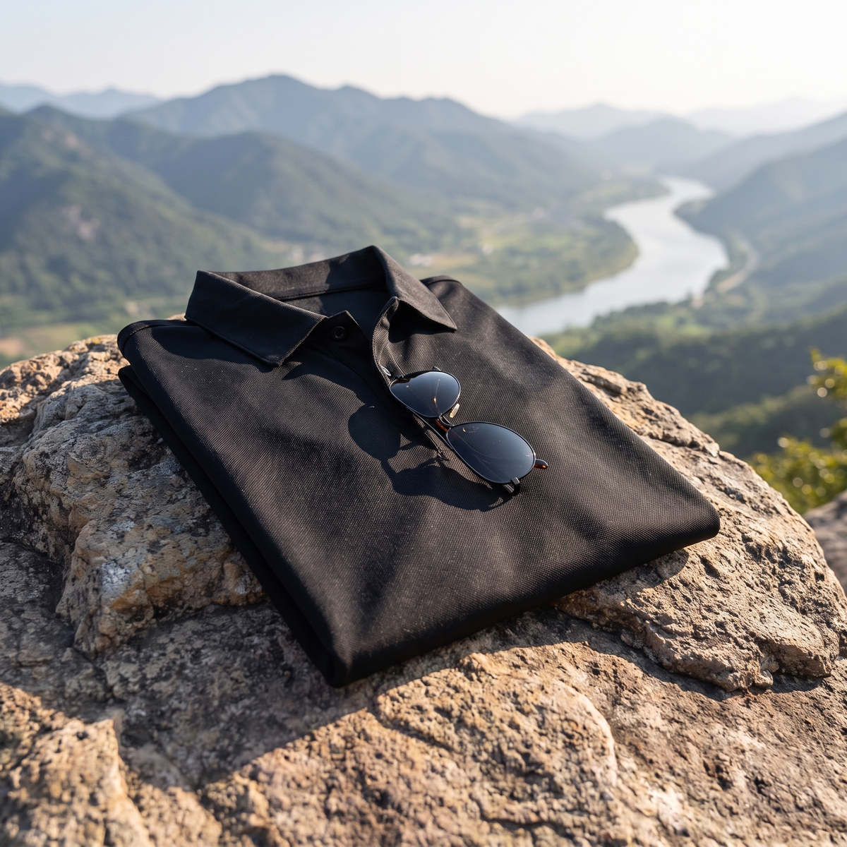 Poloshirt auf Felsen mit Aussicht