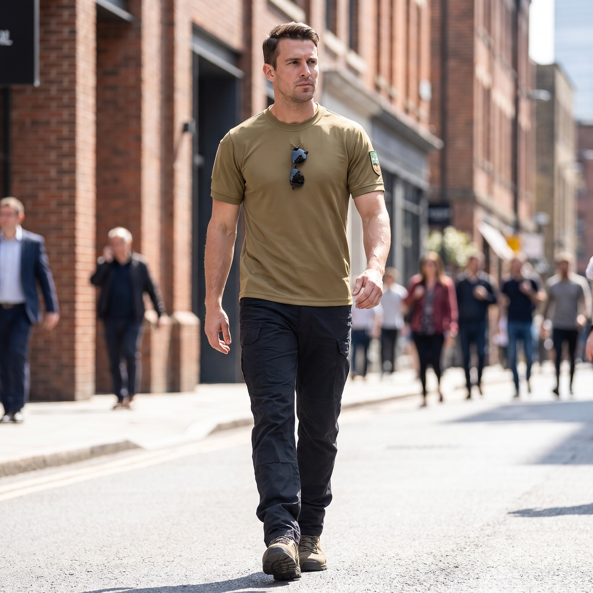 Mann geht mit Tactical-Shirt durch die Stadt