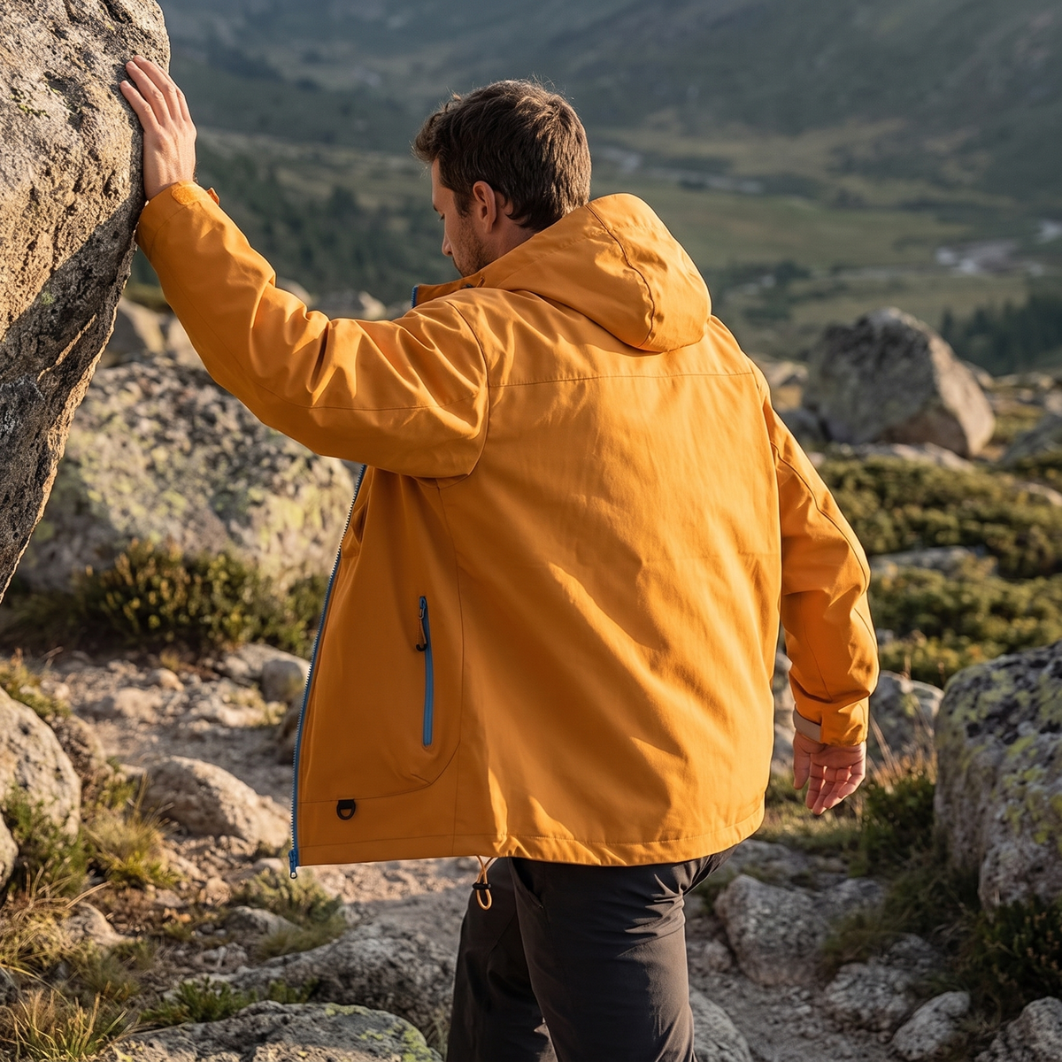 Wanderer im Aufstieg auf einem Felspfad, Regenjacke im Abendlicht