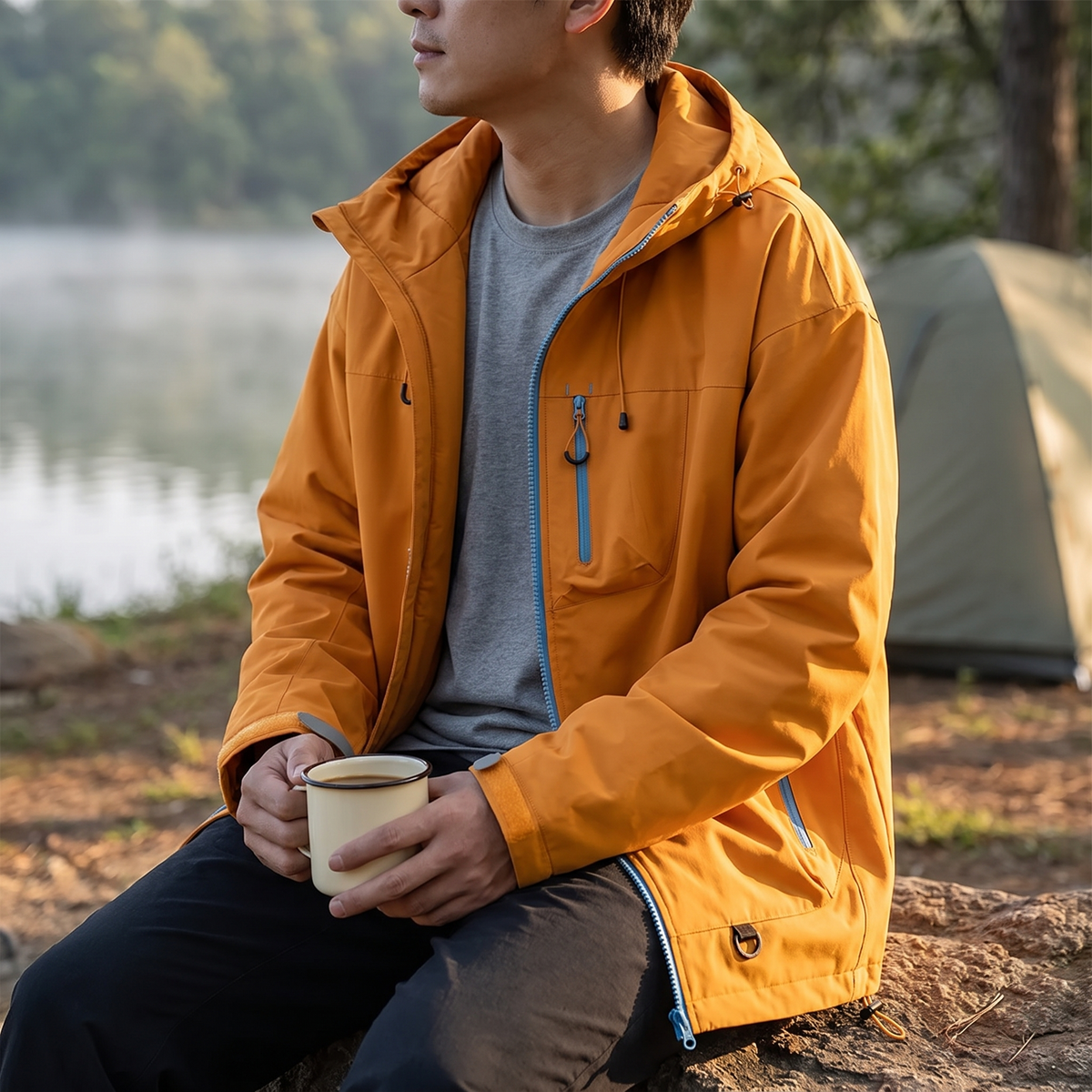 Regenjacke offen getragen am Seeufer beim Camping am Morgen