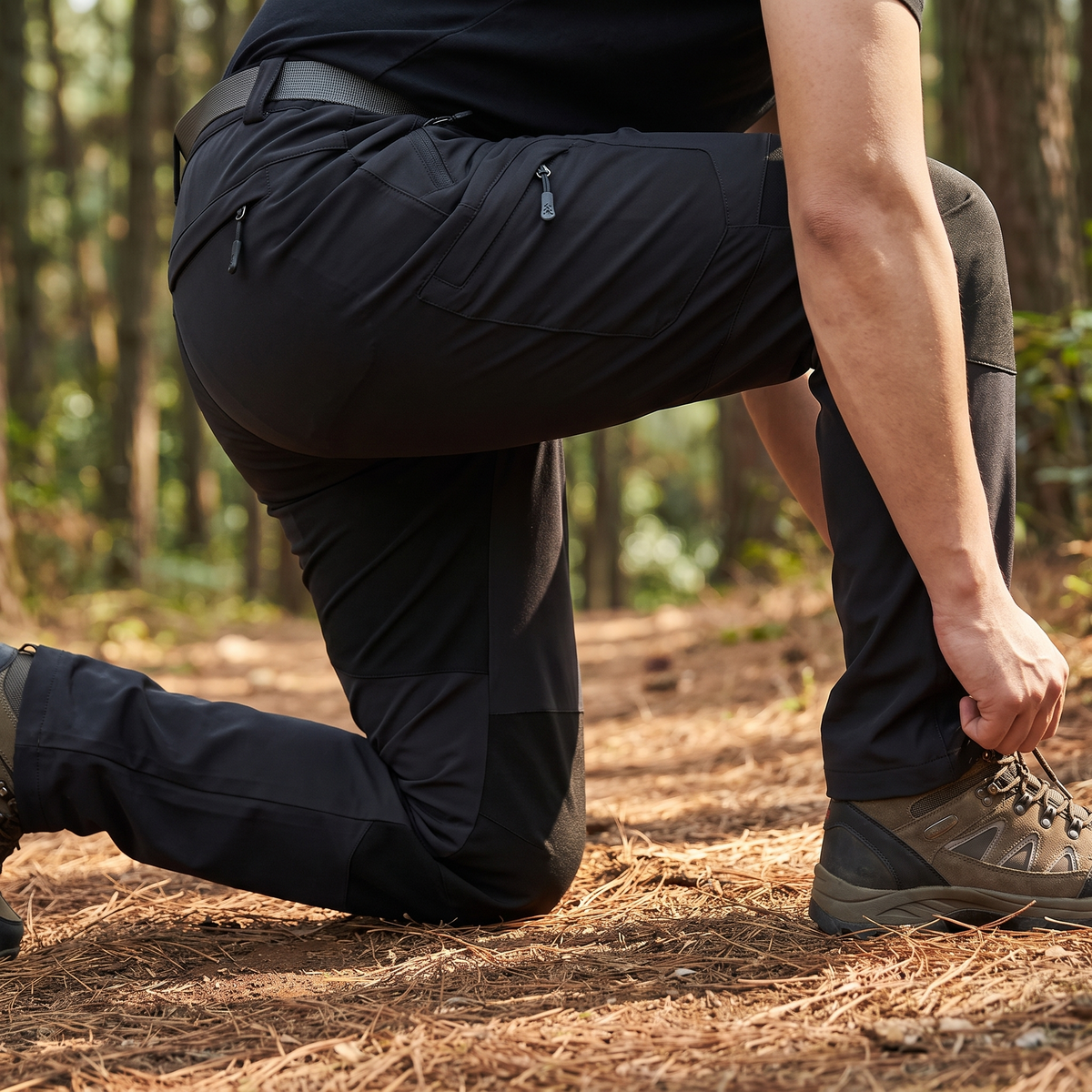 Wanderhose beim Knien am Waldweg, Dehnbarkeit an Knie und Oberschenkel