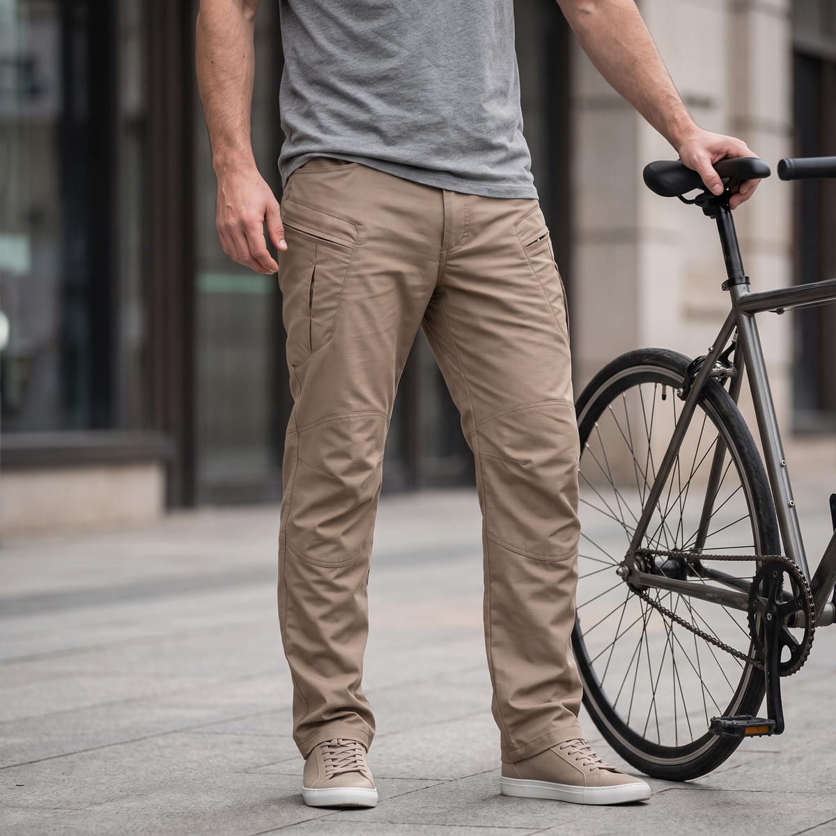 Outdoorhose in Khaki auf einer Stadtstrasse, getragen neben einem Fahrrad
