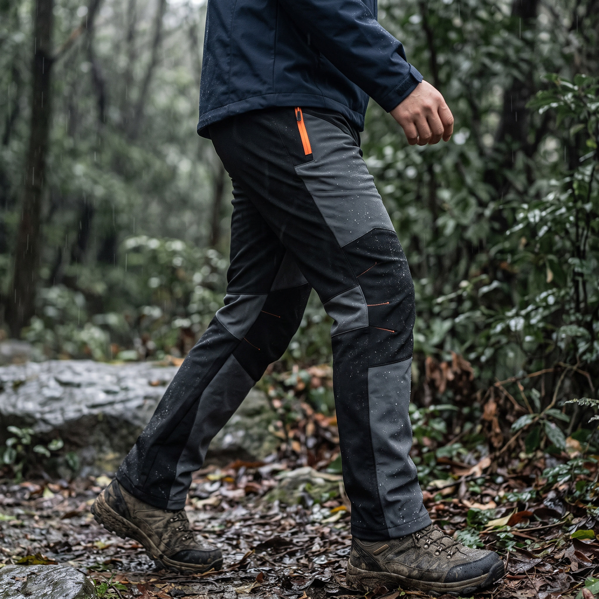 Outdoorhose beim Wandern im Regen auf nassem Waldpfad