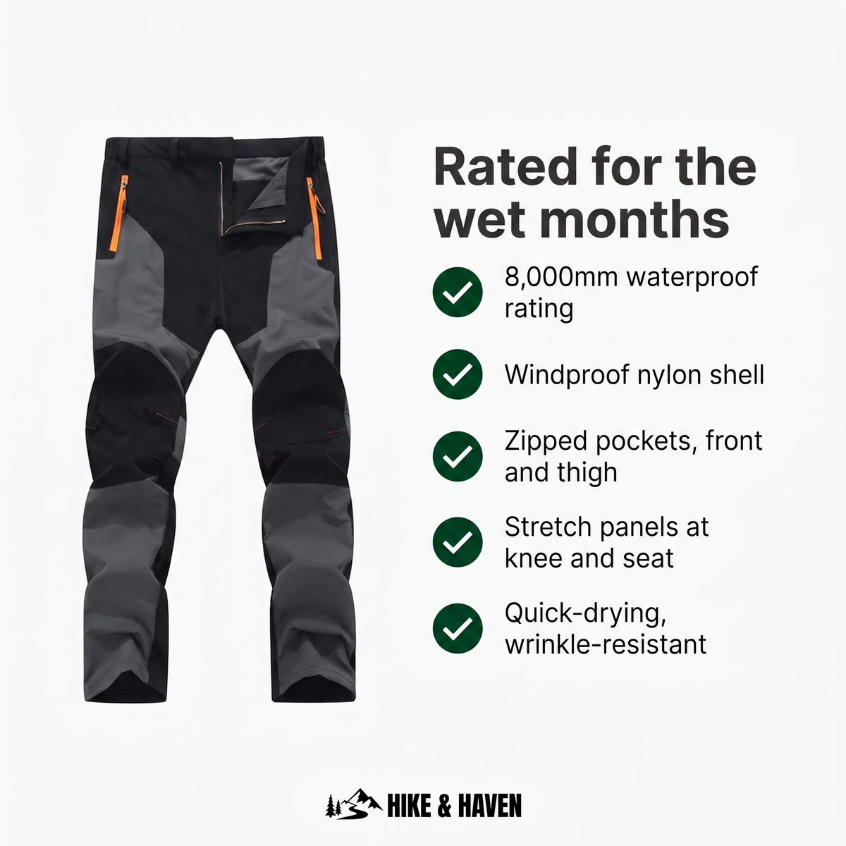 Uebersicht der Produktmerkmale: Wassersaeule, Winddichtigkeit, Stretch und Taschen