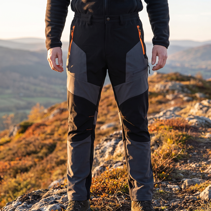 Outdoorhose auf einem herbstlichen Bergruecken im Abendlicht