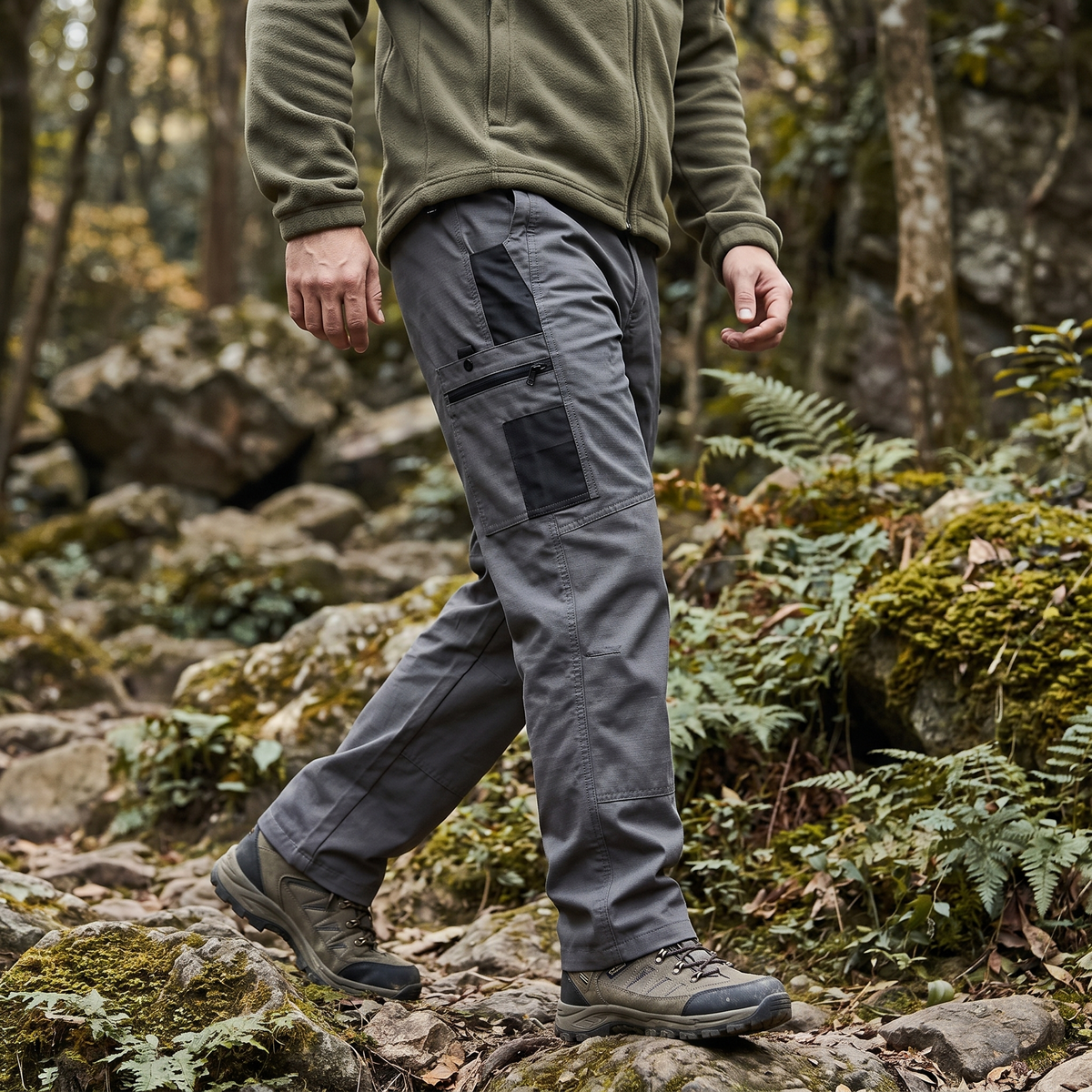 Person geht auf einem Wanderweg in der taktischen Cargohose