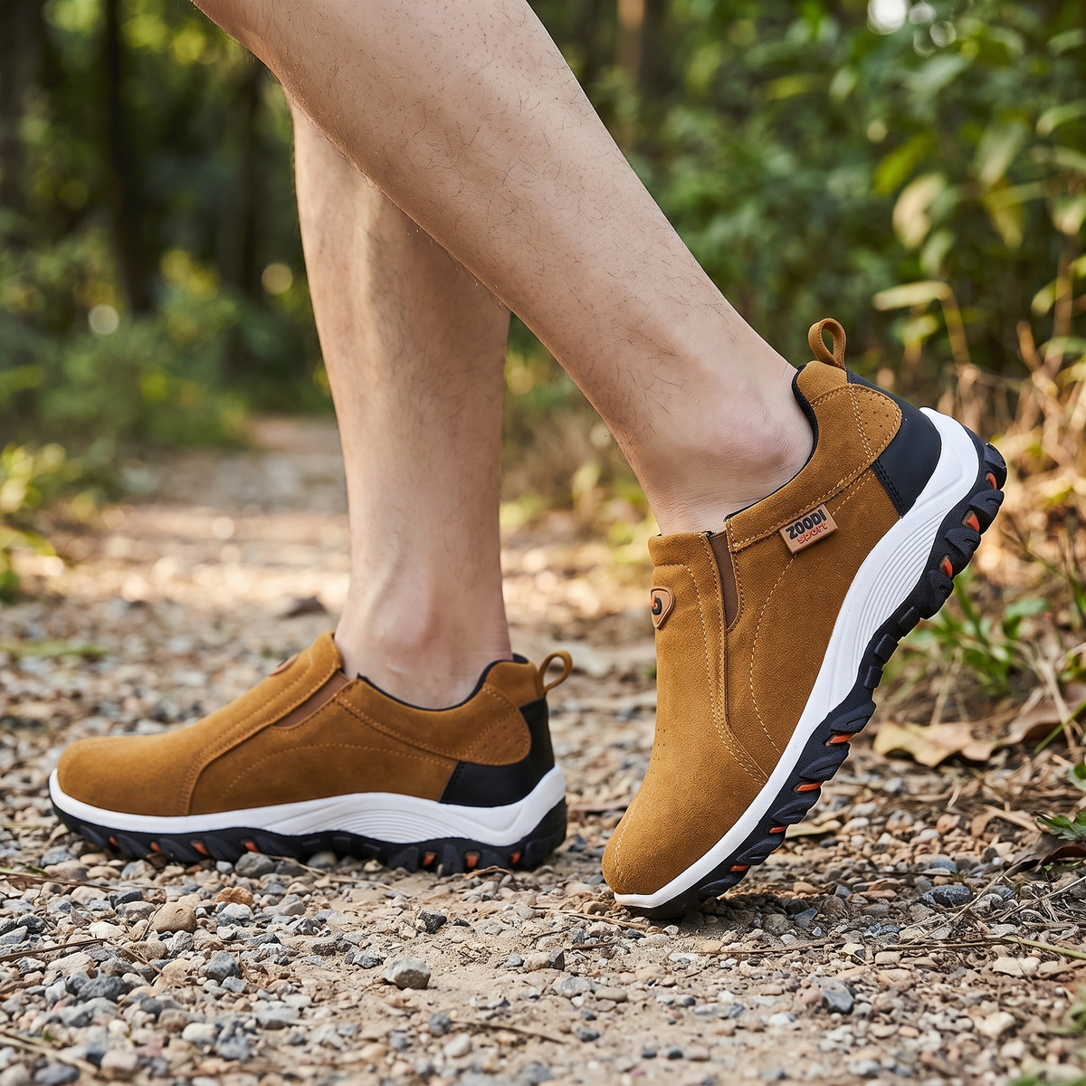 Person tritt auf einen Kiesweg im Slip-on Outdoorschuh