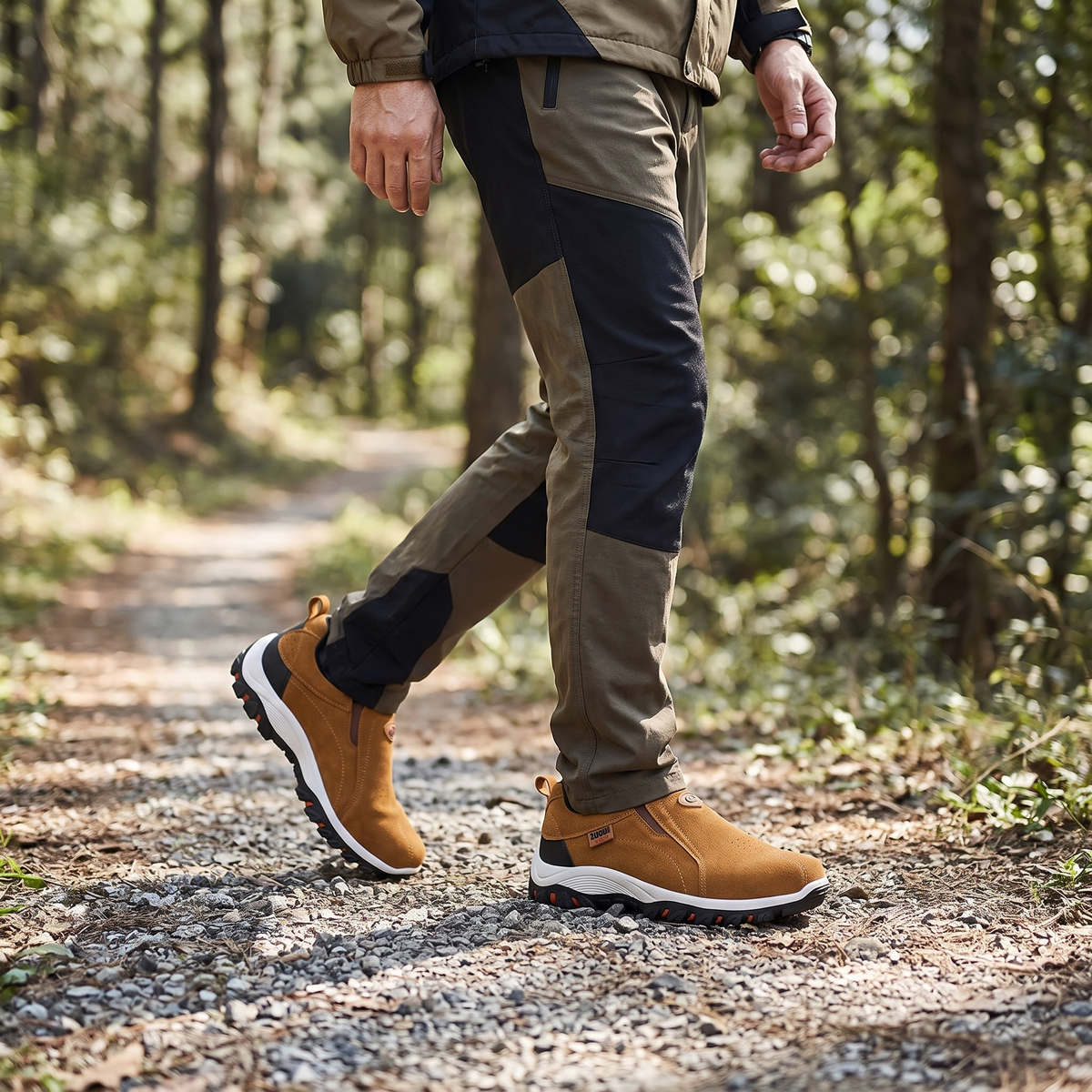 Person in voller Körpergröße auf einem Waldweg