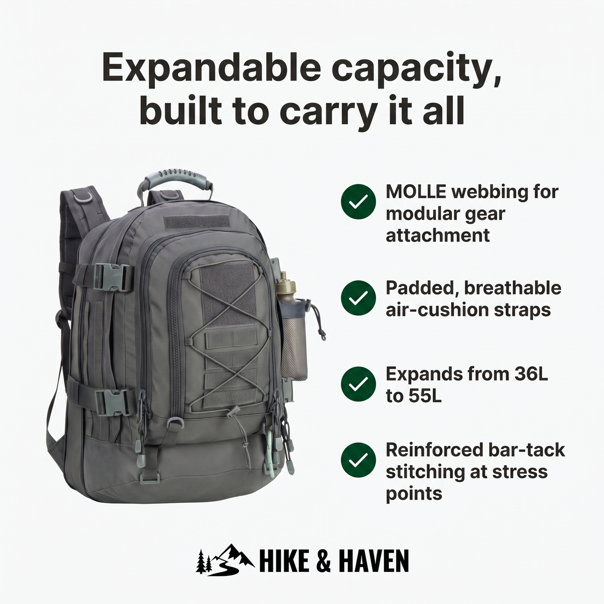 Hike & Haven Taktischer Rucksack Vorteile Uebersicht