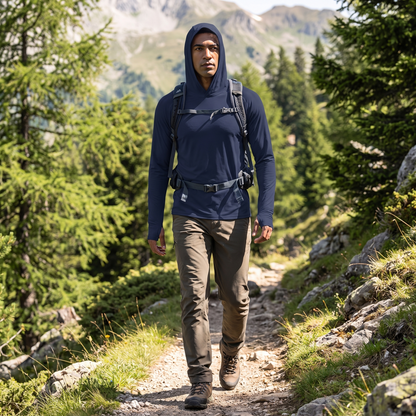 Wanderer in voller Körpergröße auf sonnigem Trail