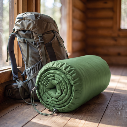 Zusammengerollte Isomatte neben Wanderrucksack