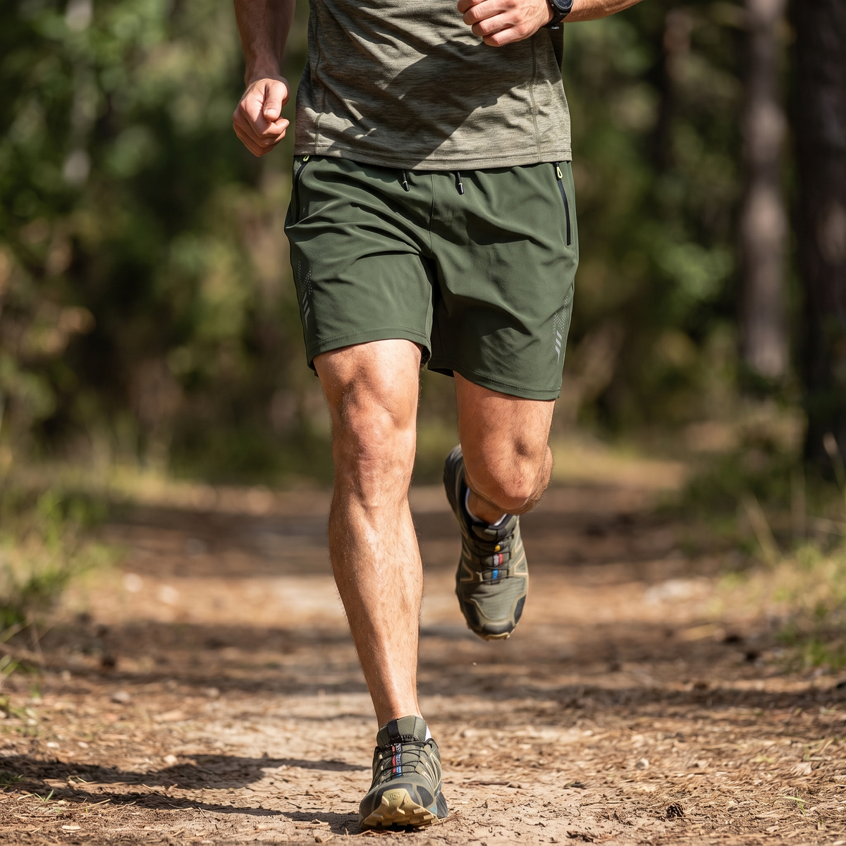 Läufer im Wald in den Laufshorts