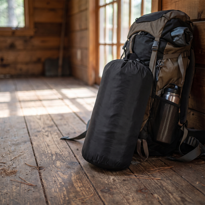 Zusammengepackte Isomatte im Packsack neben Rucksack
