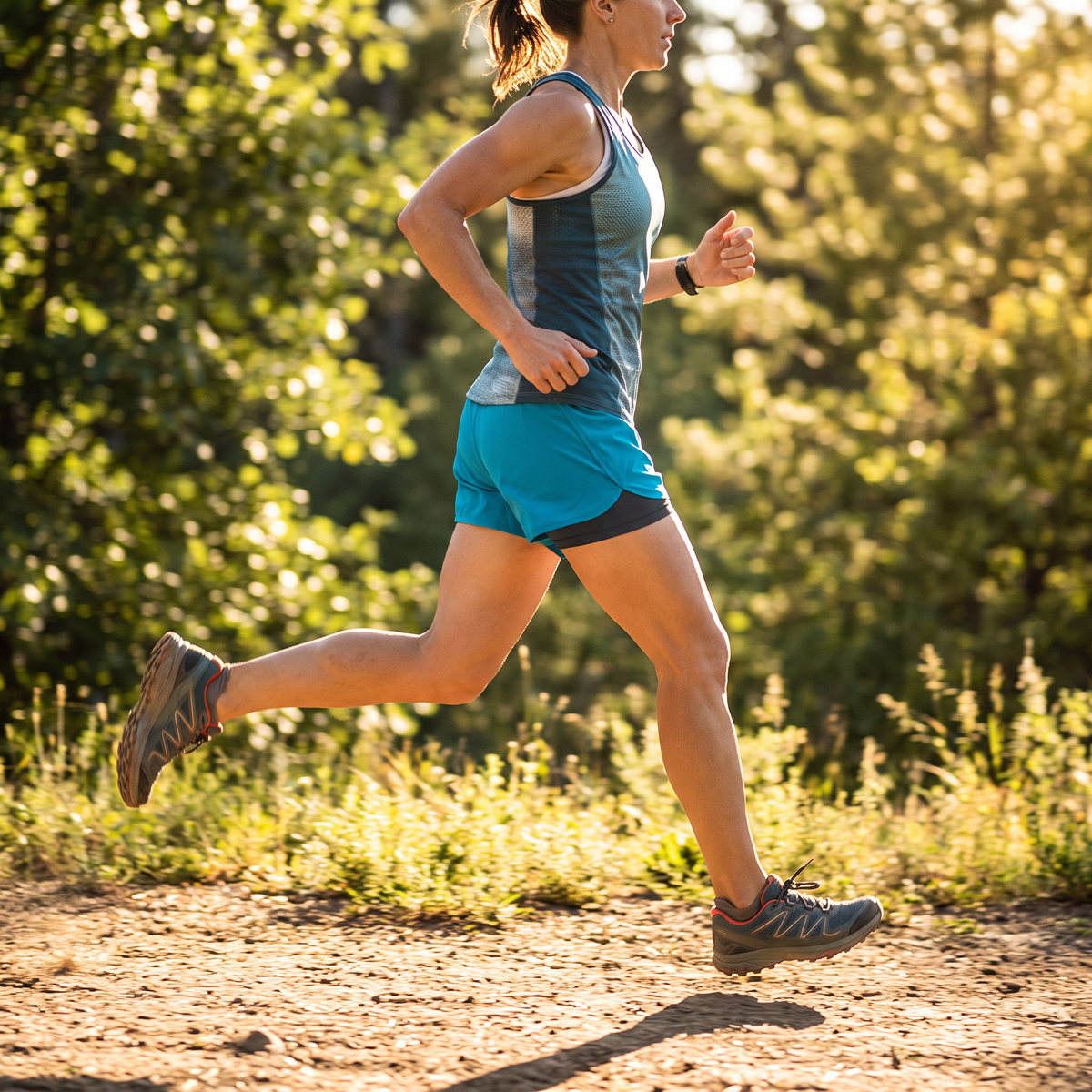 Läuferin auf einem sonnigen Trail in den 2-in-1 Laufshorts