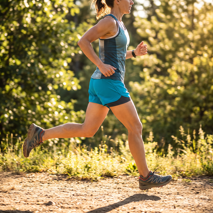 Läuferin auf einem sonnigen Trail in den 2-in-1 Laufshorts