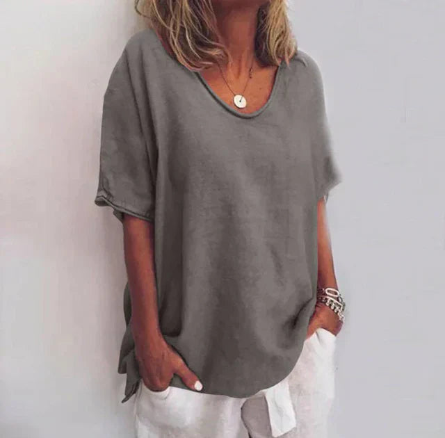 Women's Oversized Shirt with U-Neckline and Contrast Stitching Short Sleeves in Cotton Blend Loose Fit