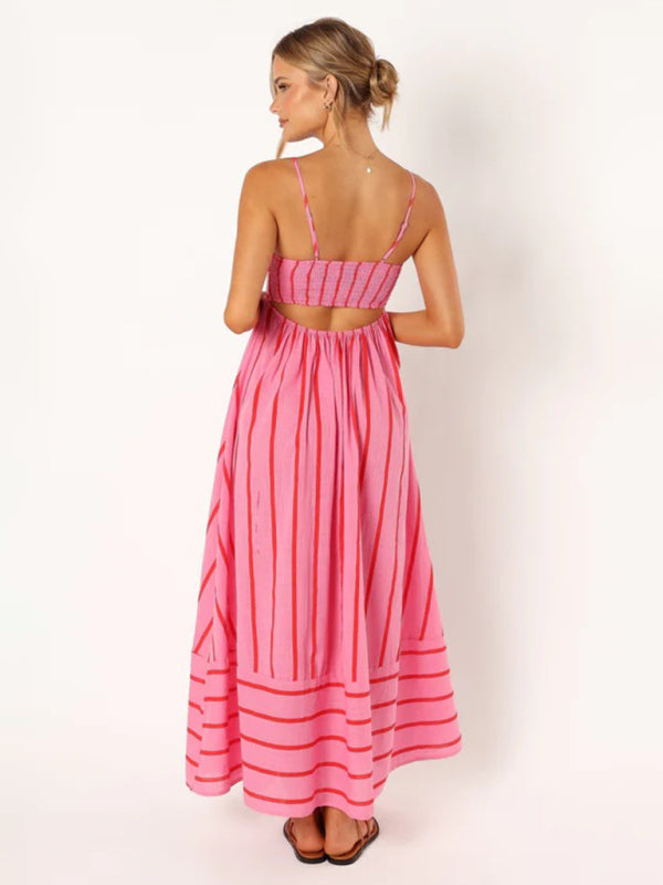 Striped women's maxi dress with sleeveless back design