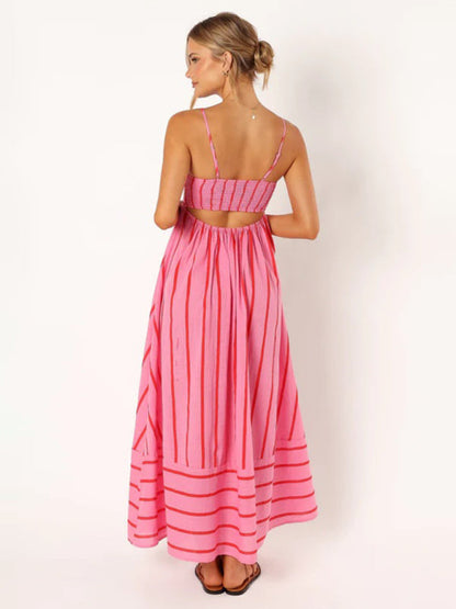 Striped women's maxi dress with sleeveless back design