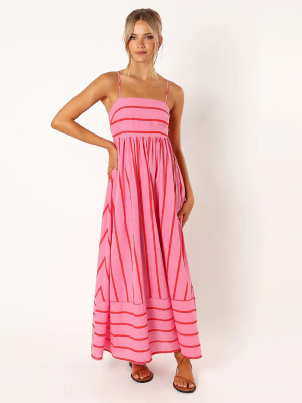Striped women's maxi dress with sleeveless back design