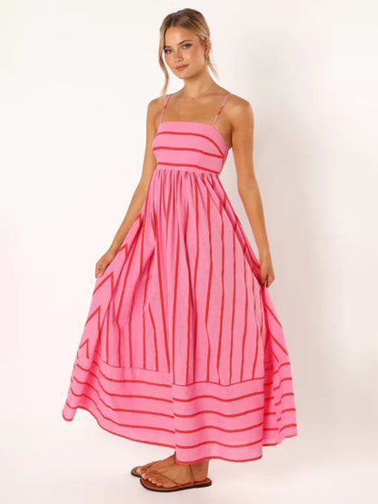 Striped women's maxi dress with sleeveless back design