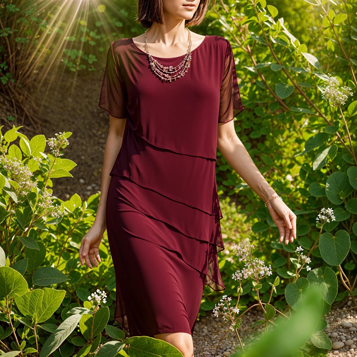 Women's Party Dress Multi-Layered Chiffon with Asymmetric Layers, Round Neckline, Short Sleeves, Knee-Length
