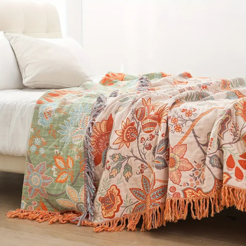 Floravento Cotton Throw – Bohemian Elegance in Warm Natural Aesthetics