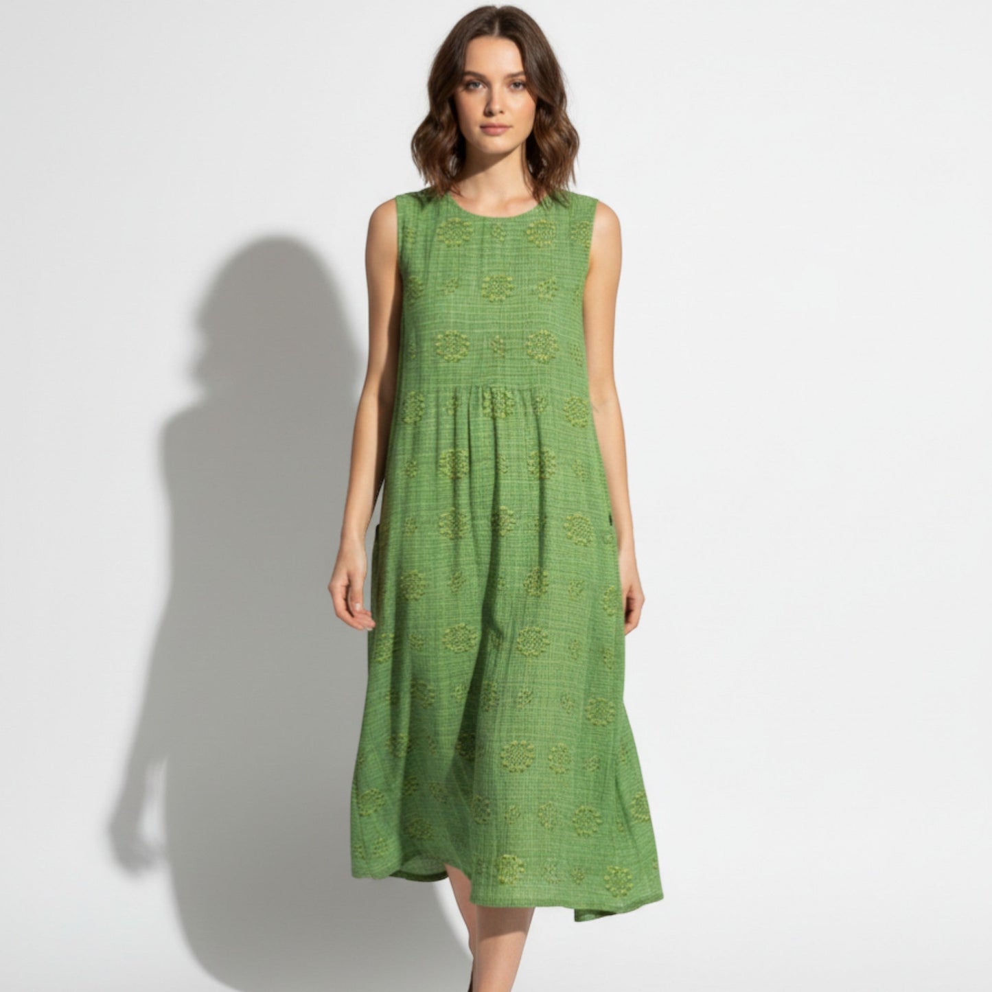 Women's Sleeveless Midi Dress with Tonal Floral Embroidery Loose Empire Cut with Side Pockets made of Blended Fabric