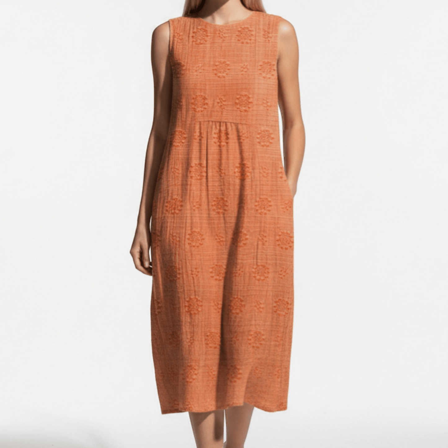 Women's Sleeveless Midi Dress with Tonal Floral Embroidery Loose Empire Cut with Side Pockets made of Blended Fabric