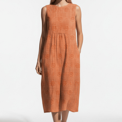 Women's Sleeveless Midi Dress with Tonal Floral Embroidery Loose Empire Cut with Side Pockets made of Blended Fabric