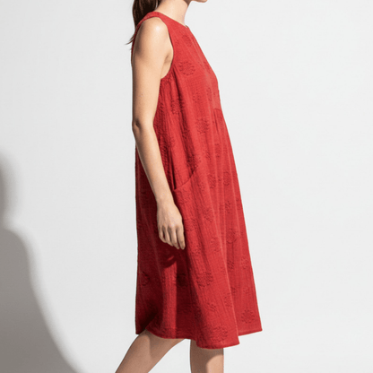 Women's Sleeveless Midi Dress with Tonal Floral Embroidery Loose Empire Cut with Side Pockets made of Blended Fabric