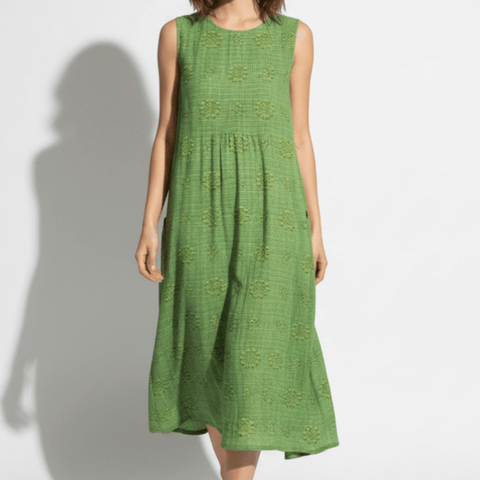 Women's Sleeveless Midi Dress with Tonal Floral Embroidery Loose Empire Cut with Side Pockets made of Blended Fabric