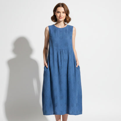 Women's Sleeveless Midi Dress with Tonal Floral Embroidery Loose Empire Cut with Side Pockets made of Blended Fabric