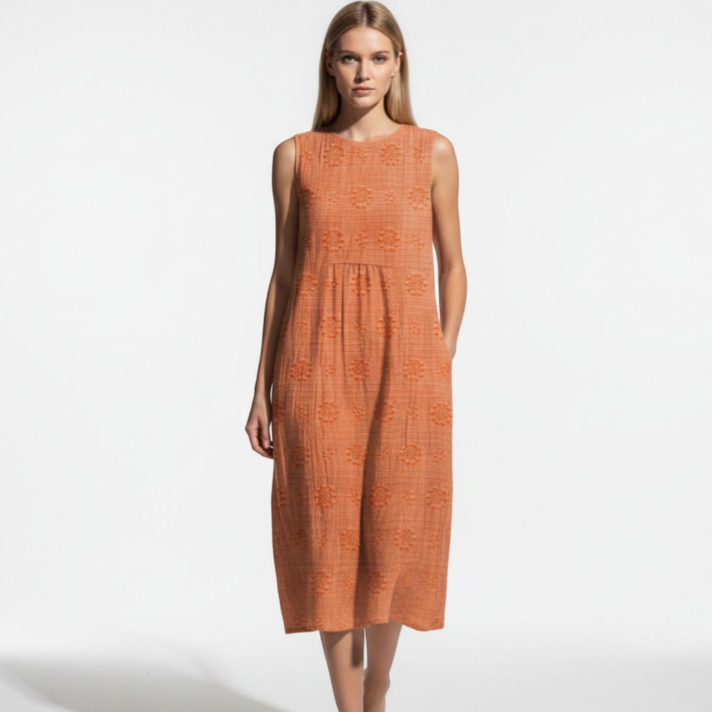 Women's Sleeveless Midi Dress with Tonal Floral Embroidery Loose Empire Cut with Side Pockets made of Blended Fabric