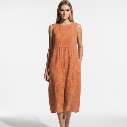 Women's Sleeveless Midi Dress with Tonal Floral Embroidery Loose Empire Cut with Side Pockets made of Blended Fabric