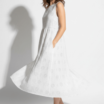 Women's Sleeveless Midi Dress with Tonal Floral Embroidery Loose Empire Cut with Side Pockets made of Blended Fabric