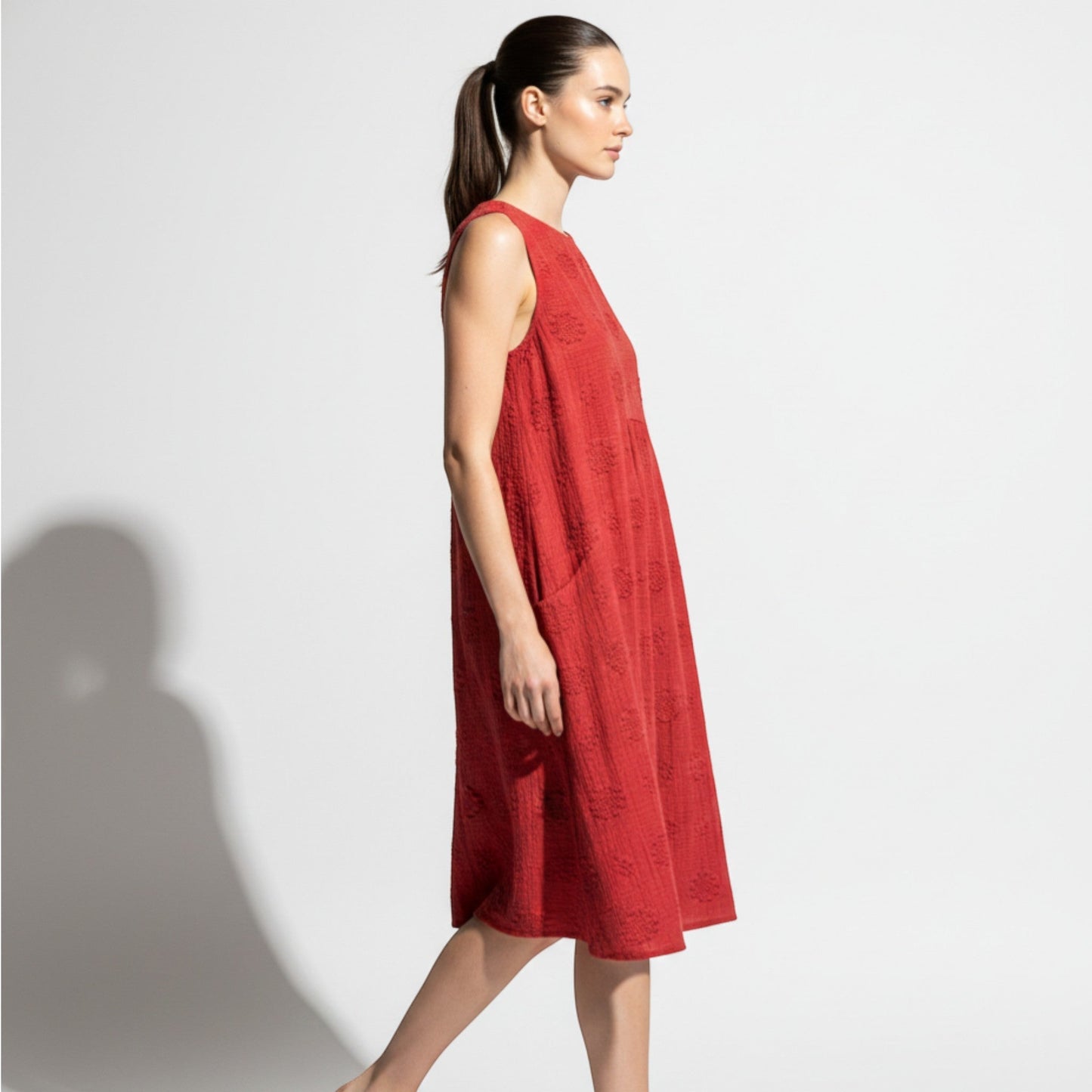 Women's Sleeveless Midi Dress with Tonal Floral Embroidery Loose Empire Cut with Side Pockets made of Blended Fabric