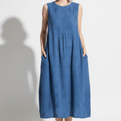 Women's Sleeveless Midi Dress with Tonal Floral Embroidery Loose Empire Cut with Side Pockets made of Blended Fabric