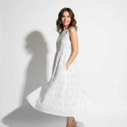 Women's Sleeveless Midi Dress with Tonal Floral Embroidery Loose Empire Cut with Side Pockets made of Blended Fabric