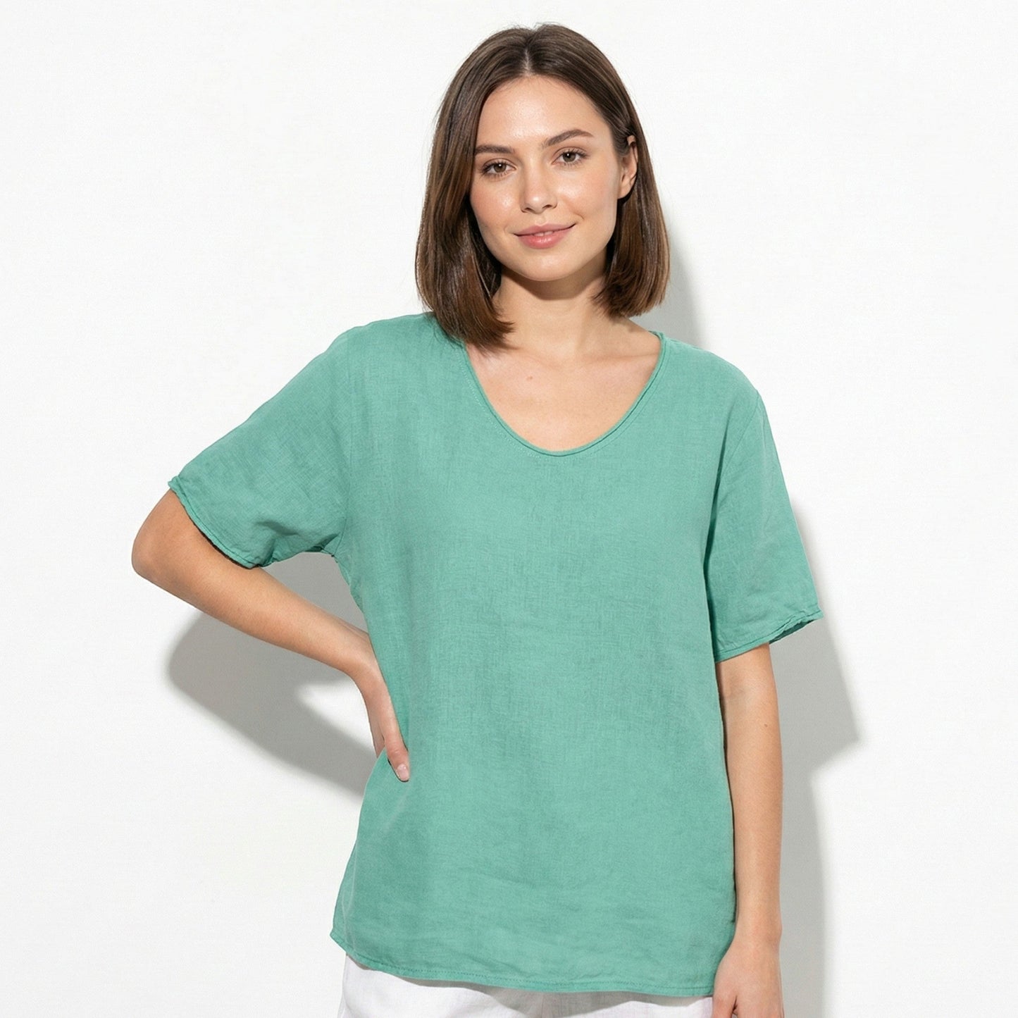 Women's blouse with V-neck and short sleeves
