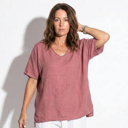 Women's blouse with V-neck and short sleeves